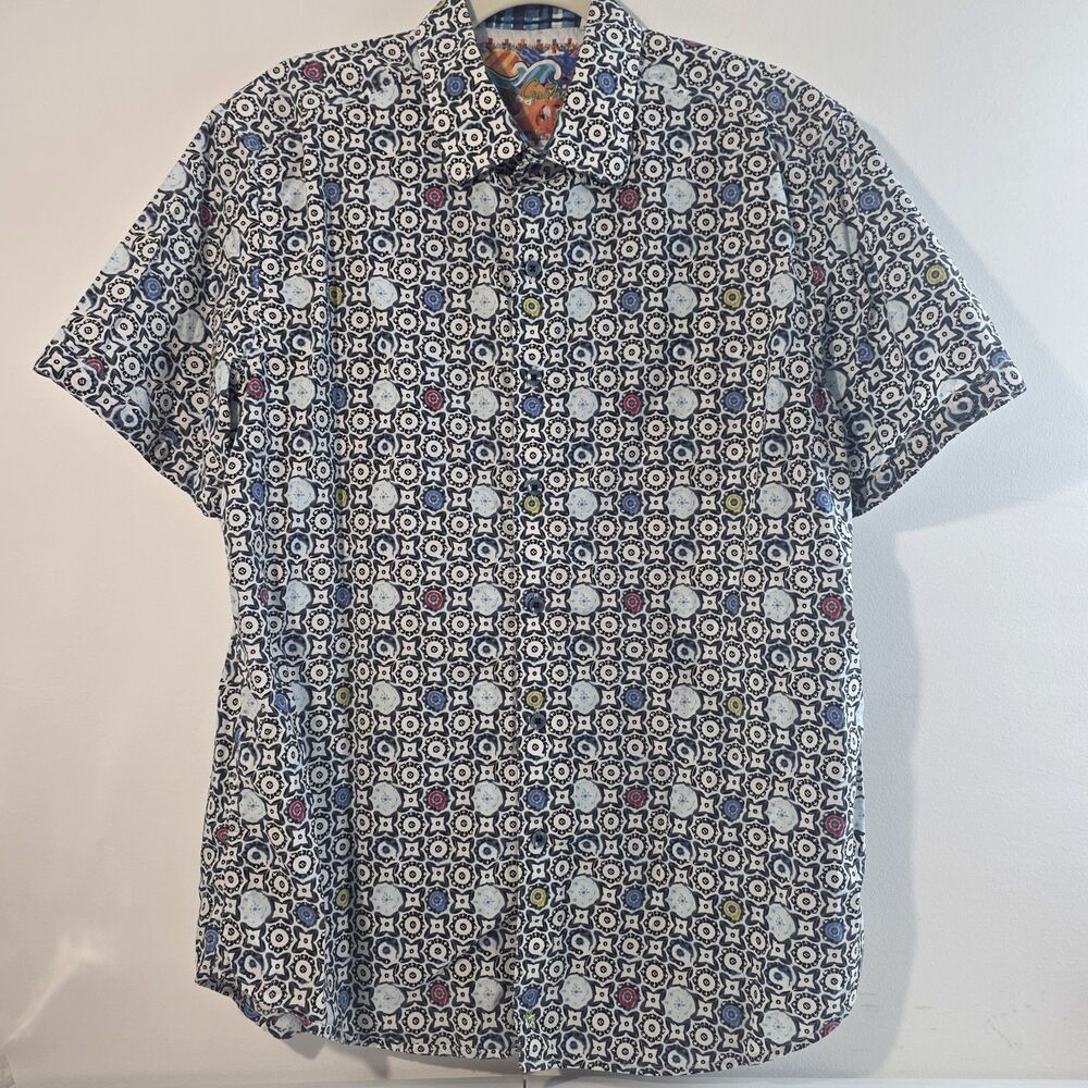 Robert Graham Mens L Classic Fit Short Sleeve Geometric Mosaic AOP Button Shirt